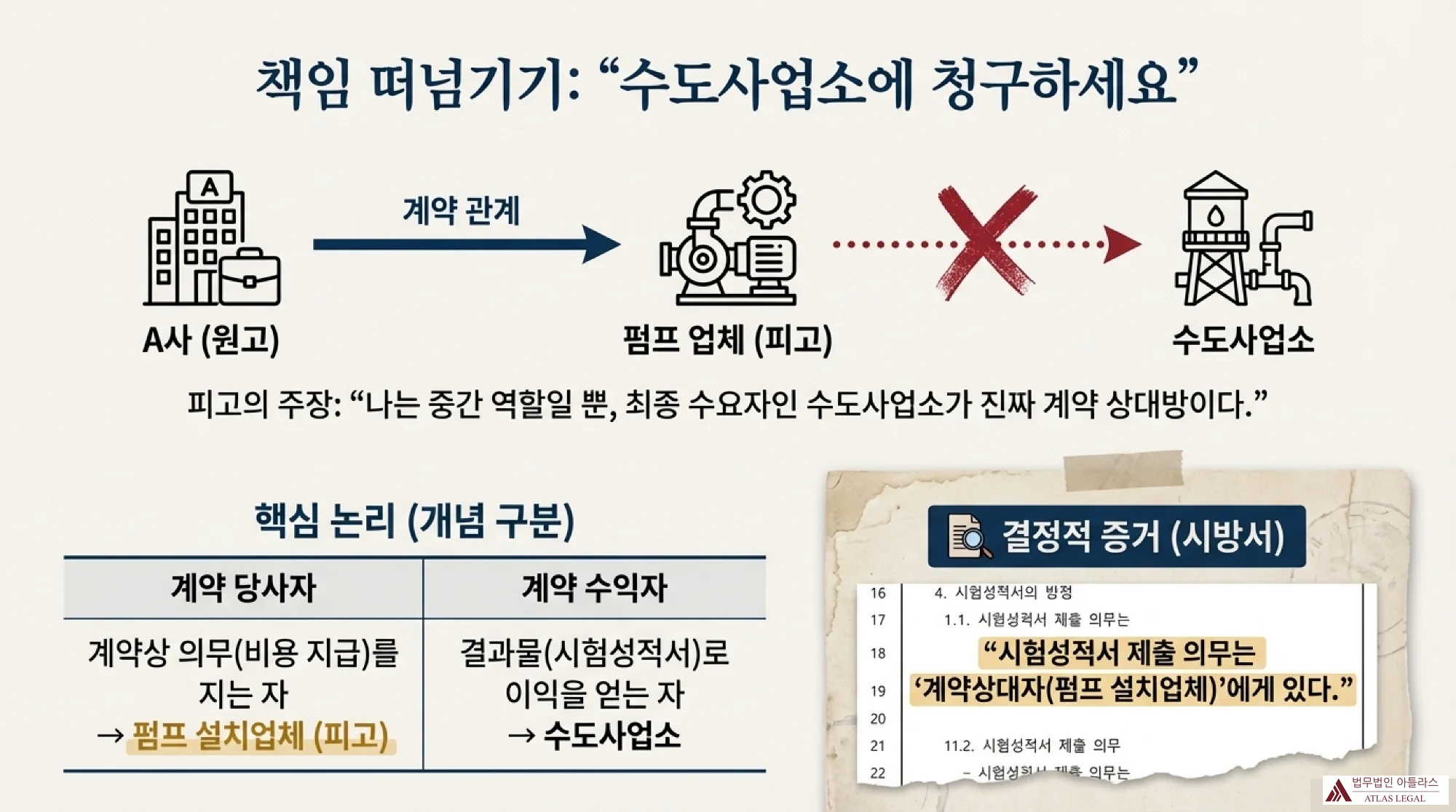 수도사업소 계약 분쟁 사건의 피고 주장과 결정적 증거 시험성적서를 보여주는 분석 인포그래픽