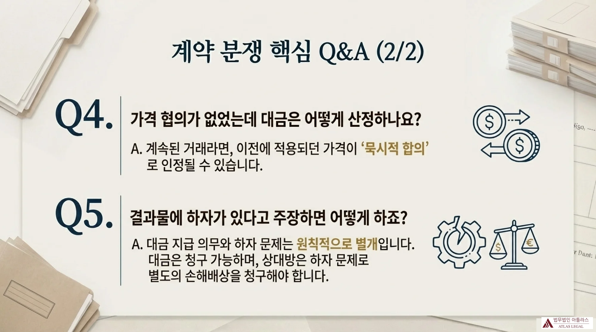 계약 분쟁 해결 Q&A 2편 - 가격 협의와 결과물 하자 문제에 대한 법적 대응 방안을 설명하는 인포그래픽