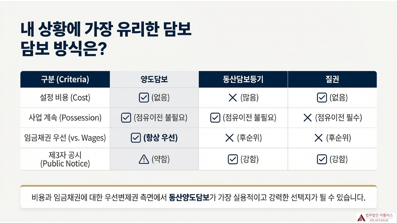 기업 양도담보, 동산담보등기, 질권의 비용, 사업계속, 임금채권 우선권, 제3자 공시 등 4개 기준별 장단점을 체크표시로 정리한 법무법인 아틀라스 인포그래픽