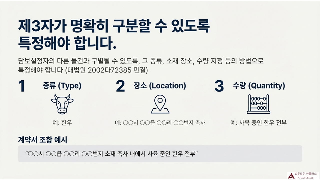 제3자가 명확히 구분할 수 있도록 특정해야 하는 자산의 3가지 요소(종류, 장소, 수량)를 설명하는 법무 가이드 이미지
