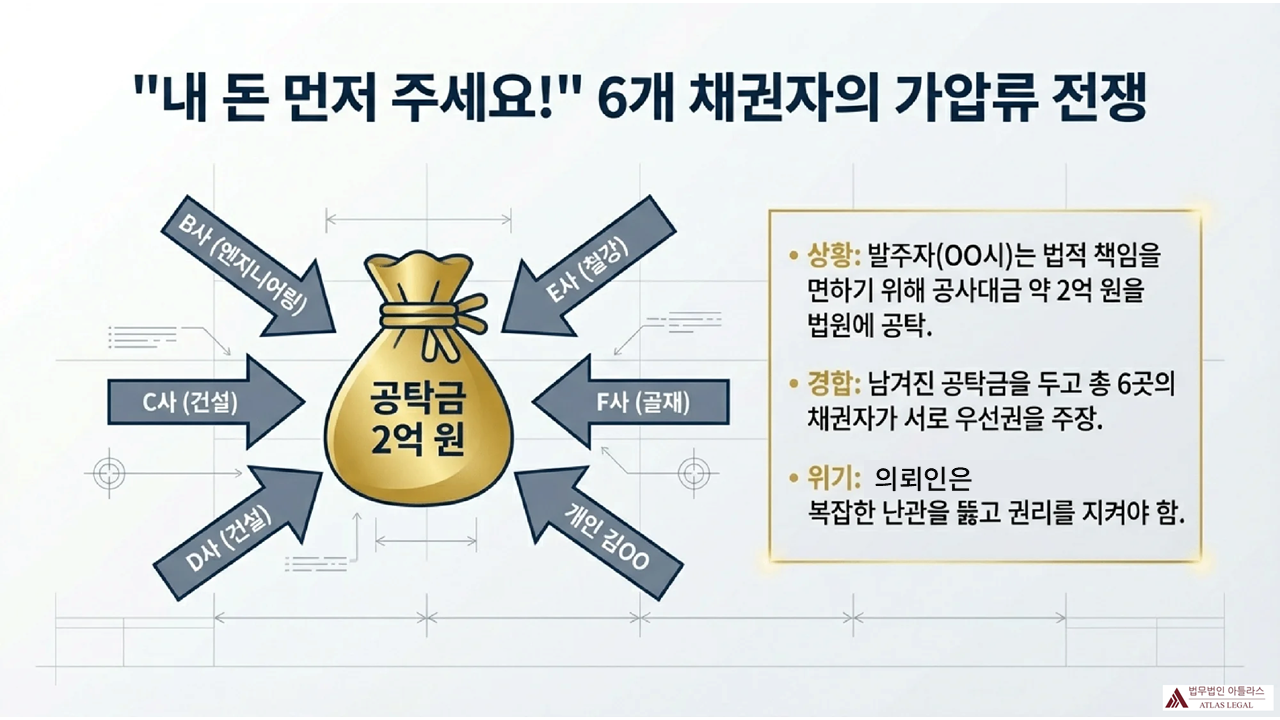법무법인 아틀라스 - 6개 채권자 가압류 경합 구조도 공탁금 2억 원을 둘러싼 6개 채권자(B사 엔지니어링, C사 건설, D사 건설, E사 철강, F사 골재, 개인 김OO)의 가압류 경합 상황을 돈주머니 중심으로 화살표가 모이는 형태로 시각화