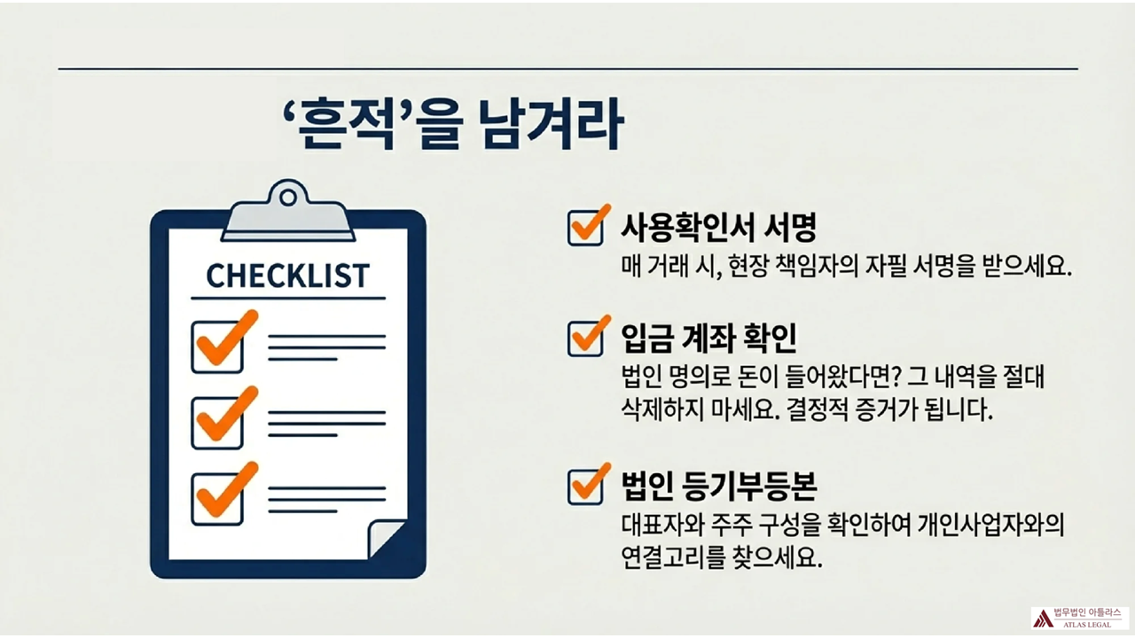 Atlas Legal - Evidence Collection Checklist 채권자 방어선 2단계로 증거 확보를 위한 체크리스트를 제시하며, 사용확인서 서명 받기, 입금 계좌 확인하기, 법인 등기부등본 확인 등 3가지 핵심 증거 수집 방법을 안내