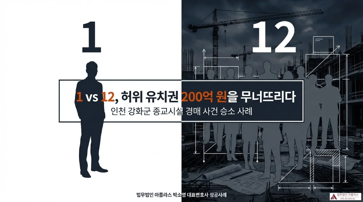 Atlas Legal - Fraudulent Lien 20 Billion Won Case Victory 1명의 원고와 12명의 유치권 신고자 실루엣 대비, 허위 유치권 200억 원을 무너뜨린 인천 강화군 종교시설 경매 사건 승소 사례 타이틀 슬라이드