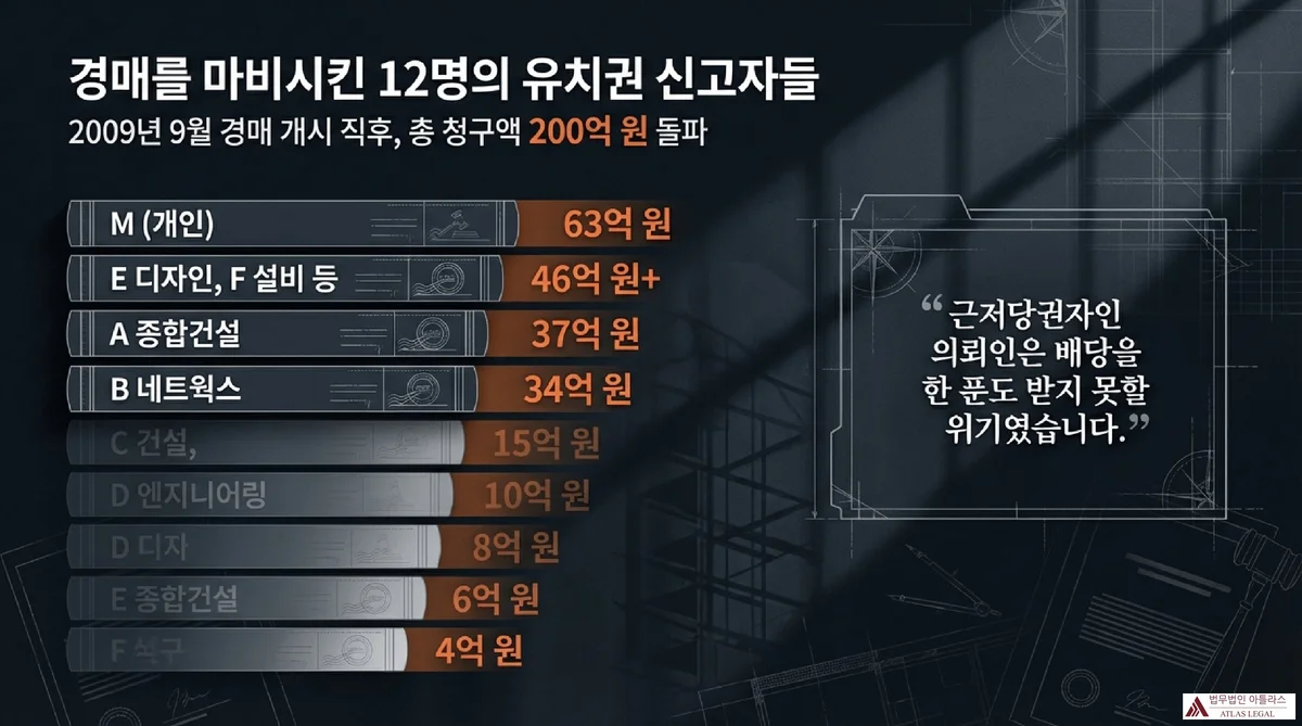Atlas Legal - 12 Lien Claimants Breakdown Chart 경매를 마비시킨 12명의 유치권 신고자 목록과 청구액 막대그래프, M 개인 63억 원부터 총 청구액 200억 원 돌파 현황