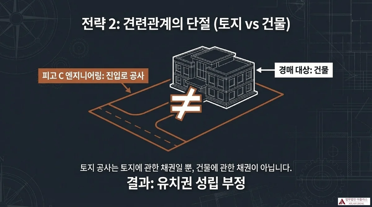 Atlas Legal - Land vs Building Severance Strategy 전략 2 견련관계 단절을 설명하는 도식, 피고 C 엔지니어링의 진입로 토지 공사와 경매 대상 건물 사이의 불일치로 유치권 성립 부정