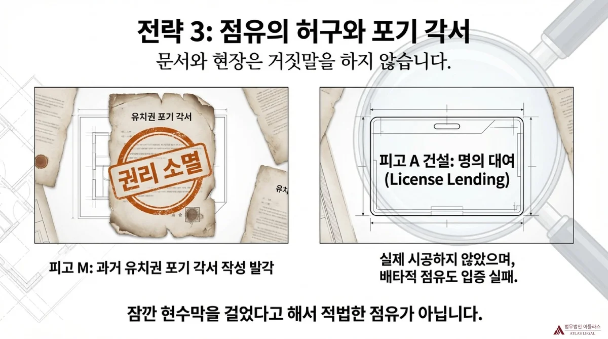 Atlas Legal - Possession Fiction and Waiver Statement 전략 3 점유의 허구와 포기 각서, 피고 M의 유치권 포기 각서 발각과 피고 A 건설의 명의대여 사실로 적법한 점유 부정