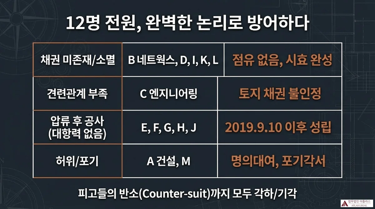 Atlas Legal - Complete Defense Strategy Against 12 Defendants 12명 피고 전원에 대한 방어 논리 요약표, 채권 미존재, 견련관계 부족, 압류 후 공사, 허위 포기 카테고리별 피고 분류와 반소 각하 기각 결과