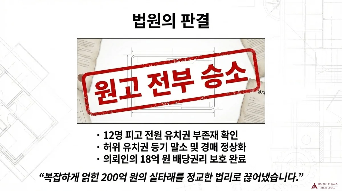 Atlas Legal - Full Victory Court Ruling Lien Case 법원 판결 원고 전부 승소, 12명 피고 전원 유치권 부존재 확인과 허위 등기 말소 및 의뢰인 18억 원 배당권리 보호 완료