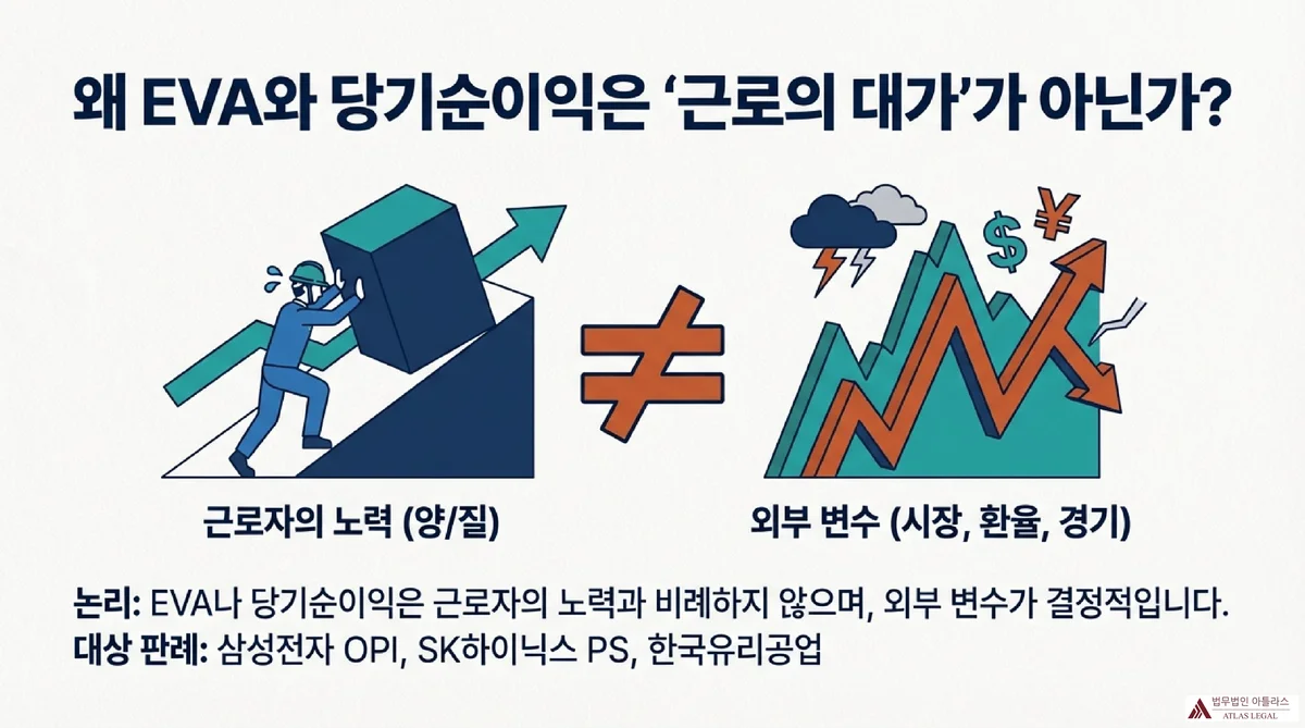 Atlas Legal - 성과급 임금성 판단 핵심 3가지 경영성과급 임금성 판단 결론 도식 - 성과급 명칭보다 지급 규정의 구체성, 지표의 통제 가능성(근로의 대가성), 지급의 계속성 세 가지를 종합 판단해야 한다는 내용