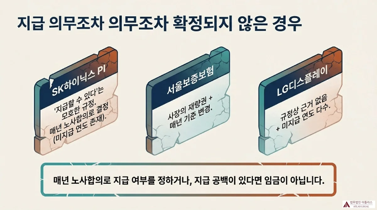 Atlas Legal - 경영성과급 퇴직금 포함 여부 2026 대법원 저울 위에 퇴직금 서류와 성과급 동전이 놓인 이미지로 삼성전자 SK하이닉스 등 6대 판례로 보는 경영성과급 임금성 판단 기준을 소개하는 타이틀 슬라이드