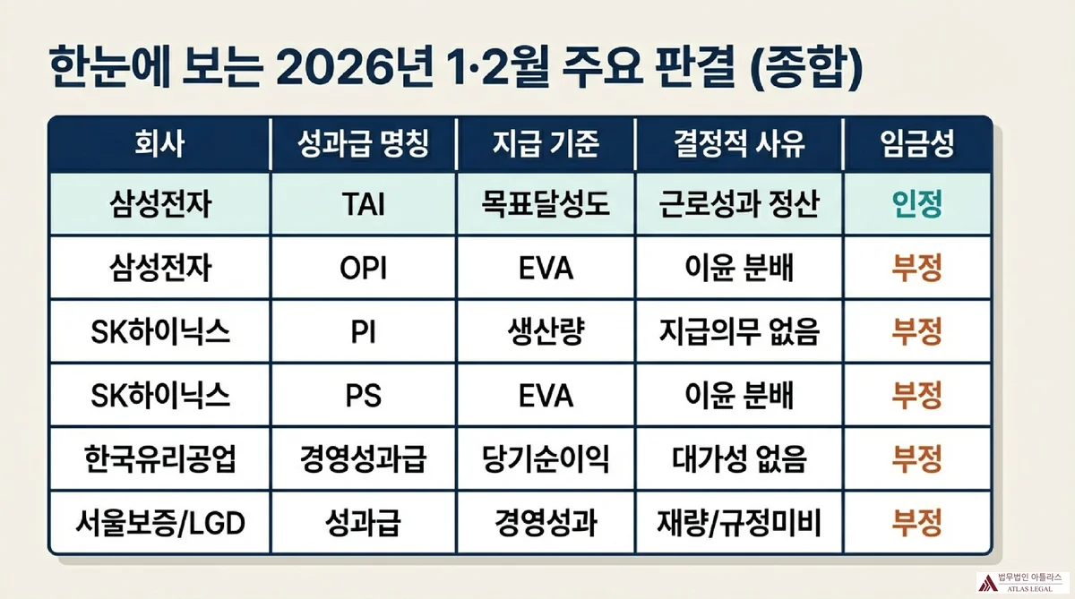 Atlas Legal - 삼성전자 TAI vs OPI 임금성 비교 2026년 1월 29일 같은 날 선고된 삼성전자 TAI(목표 인센티브)는 임금 인정으로 퇴직금 증가, OPI(성과 인센티브)는 임금 부정으로 퇴직금 미영향이라는 상반된 결과 비교
