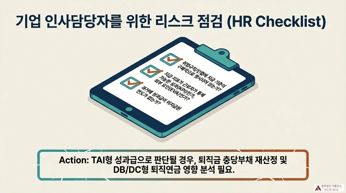 Atlas Legal - 성과급 임금 인정 시 퇴직금 증가액 연간 성과급 800만원이 평균임금에 산입될 경우 월 평균임금 약 67만원 증가, 20년 근속 퇴직금이 약 1300만원 늘어나는 계산 흐름 도식