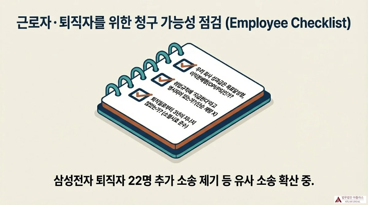 Atlas Legal - 성과급 임금성 판단 3대 요건 대법원이 제시한 성과급 임금성 판단 3대 요건 다이어그램 - 근로의 대가성(지급의무와 근로제공의 직접적 밀접한 관련), 계속적 정기적 지급, 단체협약·취업규칙상 지급의무