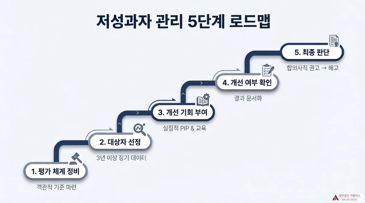 Atlas Legal - Five-Step Low Performer Management Roadmap 저성과자 관리 5단계 로드맵 - 1단계 평가 체계 정비(객관적 기준 마련) → 2단계 대상자 선정(3년 이상 장기 데이터) → 3단계 개선 기회 부여(실질적 PIP & 교육) → 4단계 개선 여부 확인(결과 문서화) → 5단계 최종 판단(합의사직 권고 → 해고)