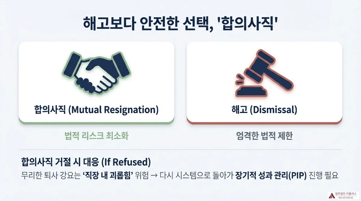 Atlas Legal - Mutual Resignation vs Dismissal Comparison 해고보다 안전한 선택, 합의사직 - 합의사직(Mutual Resignation)은 법적 리스크 최소화, 해고(Dismissal)는 엄격한 법적 제한 - 합의사직 거절 시 대응: 무리한 퇴사 강요는 직장 내 괴롭힘 위험, 다시 시스템으로 돌아가 장기적 성과 관리(PIP) 진행 필요