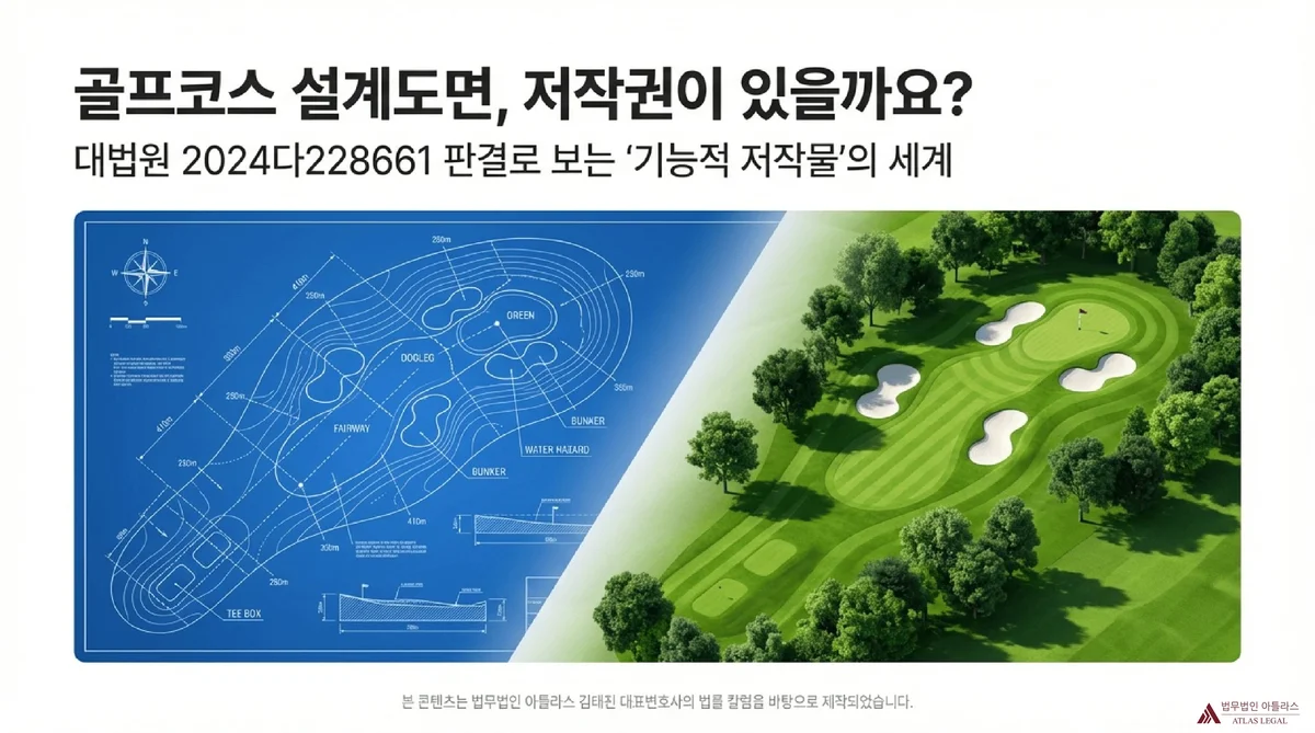 Atlas Legal - 골프코스 설계도면 저작권 대법원 판결 골프코스 블루프린트 설계도면(좌)과 실제 골프장 항공 조감도(우)를 나란히 배치하여 기능적 저작물의 저작권 보호 여부를 시각화한 슬라이드. 대법원 2024다228661 판결 해설 블로그 대표 이미지