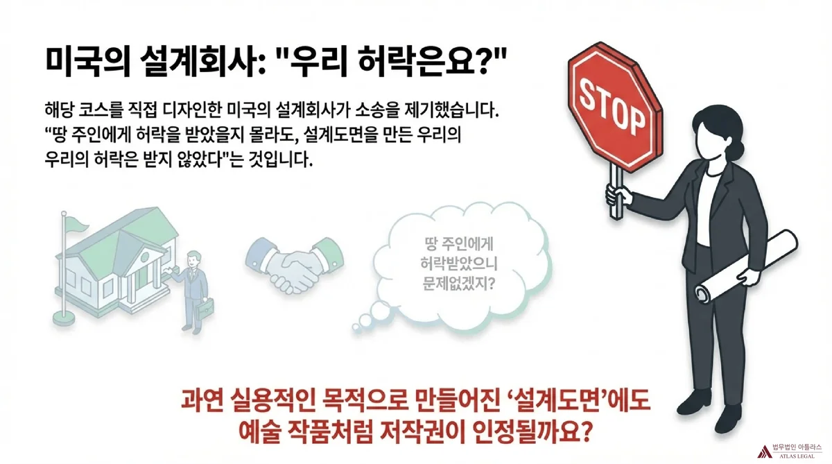 Atlas Legal - 미국 설계회사 저작권 침해 소송 제기 미국 골프코스 설계회사가 STOP 표지판을 들고 스크린골프 업체의 무단 사용에 이의를 제기하는 장면 도해. 땅 주인에게 허락받더라도 설계도면을 만든 설계회사의 허락이 별도로 필요함을 설명