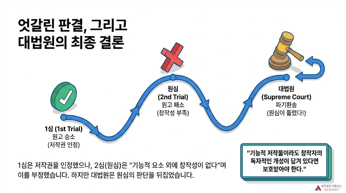 Atlas Legal - 2024다228661 소송 심급별 판결 흐름도 저작권 소송 3심 흐름도. 1심 원고 승소(저작권 인정)에서 원심 2심 원고 패소(창작성 부족)를 거쳐 대법원 파기환송(원심이 틀렸다)으로 이어지는 굴곡진 경로. 기능적 저작물도 창조적 개성이 있으면 보호 가능하다는 대법원 결론