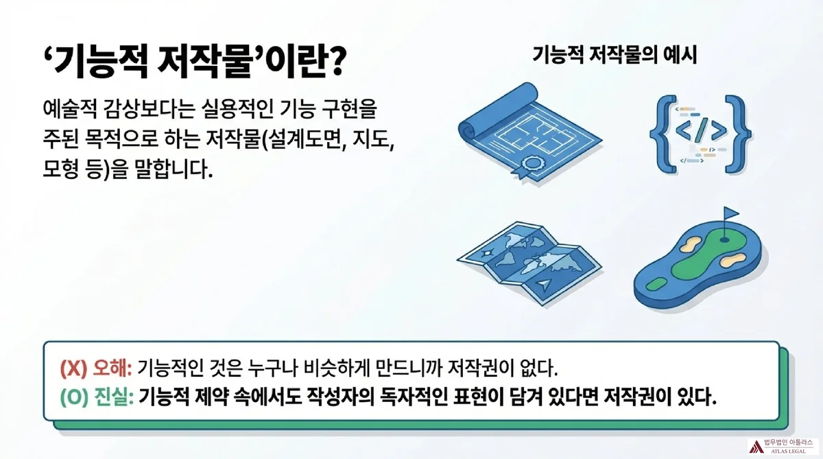 Atlas Legal - 기능적 저작물의 정의와 저작권 보호 요건 기능적 저작물의 정의와 4가지 예시(설계도면·소스코드·지도·골프코스) 아이콘 슬라이드. 기능적인 것도 작성자의 독자적 표현이 담겨 있으면 저작권이 있다는 오해(X)와 진실(O) 비교 설명
