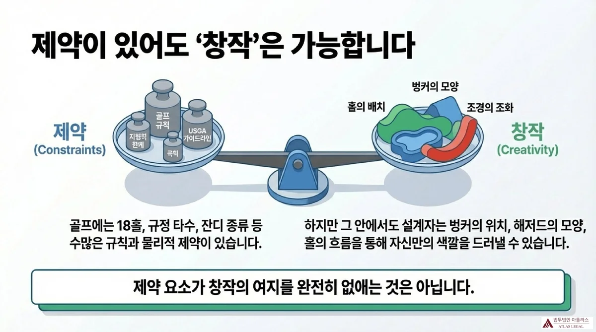 Atlas Legal - 골프코스 설계 제약과 창작성의 균형 골프코스 설계의 제약(Constraints)과 창작(Creativity)을 저울로 대비한 슬라이드. 왼쪽 제약 접시에 골프규칙·USGA가이드라인·지형적한계·극익, 오른쪽 창작 접시에 홀의배치·벙커모양·조경조화. 제약 속에서도 창작이 가능함을 시각화