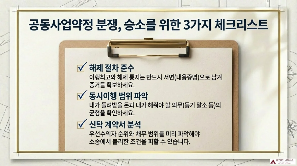 Atlas Legal - Three Key Strategies for Joint Venture Disputes 공동사업약정 분쟁 승소를 위한 3가지 체크리스트. 첫째 해제 절차 준수로 이행최고와 해제 통지를 반드시 서면(내용증명)으로 남길 것, 둘째 동시이행 범위 파악으로 돌려받을 돈과 해줘야 할 의무의 균형 확인, 셋째 신탁 계약서 분석으로 우선수익자 순위와 채무 범위를 미리 파악할 것을 안내