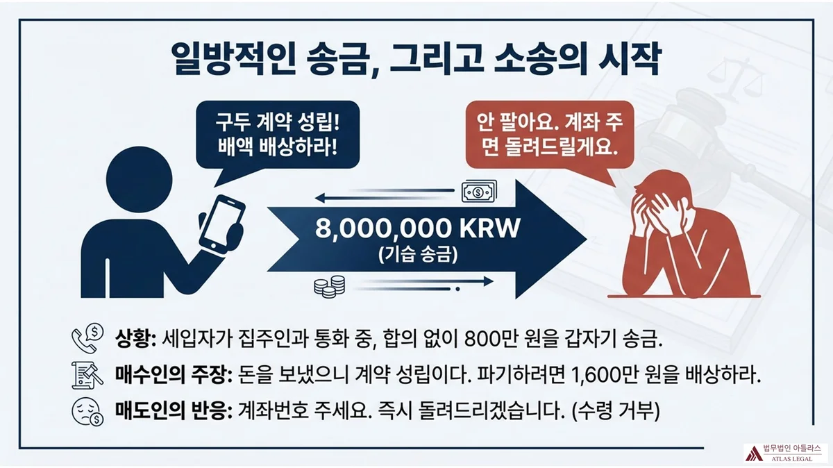Atlas Legal - Unilateral Real Estate Transfer and Start of Litigation 매수인이 스마트폰으로 8,000,000 KRW를 기습 송금하며 구두 계약 성립·배액 배상을 주장하고, 집주인은 즉각 반환 의사를 밝히는 분쟁 상황 도식. 하단에 상황·매수인 주장·매도인 반응 3가지 설명