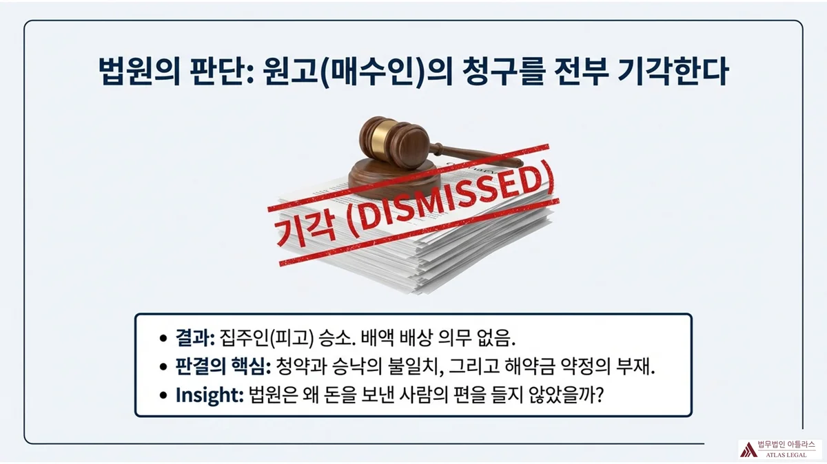 Atlas Legal - Court Dismissal of Buyer's Claim in Real Estate Contract Dispute 법봉과 서류 더미 위에 붉은색 기각(DISMISSED) 스탬프가 찍힌 이미지. 결과: 집주인(피고) 승소, 배액 배상 의무 없음. 판결의 핵심: 청약과 승낙의 불일치, 해약금 약정의 부재
