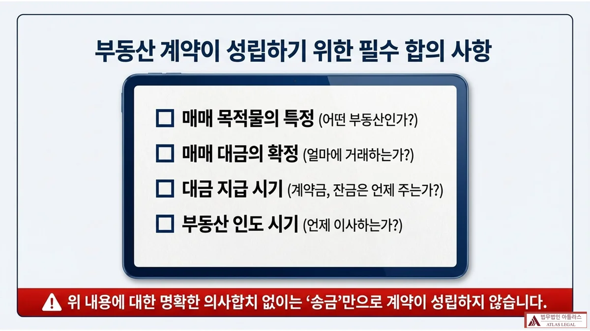 Atlas Legal - Essential Elements for Valid Real Estate Contract Formation in Korea 태블릿 화면에 부동산 계약 성립을 위한 4가지 필수 합의 사항 체크리스트: 매매 목적물의 특정, 매매 대금의 확정, 대금 지급 시기, 부동산 인도 시기. 하단 경고: 명확한 의사합치 없이는 송금만으로 계약이 성립하지 않는다