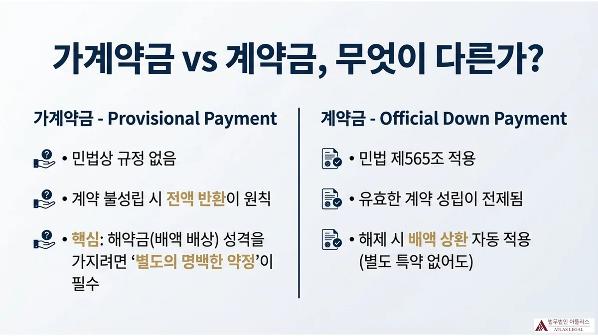 Atlas Legal - Difference Between Provisional Payment and Official Down Payment in Korean Real Estate Law 가계약금(Provisional Payment)과 계약금(Official Down Payment) 좌우 비교 인포그래픽. 가계약금: 민법상 규정 없음, 계약 불성립 시 전액 반환이 원칙, 해약금 성격을 가지려면 별도의 명백한 약정이 필수. 계약금: 민법 제565조 적용, 유효한 계약 성립이 전제됨, 해제 시 배액 상환 자동 적용