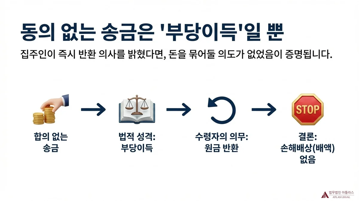 Atlas Legal - Unauthorized Transfer Constitutes Unjust Enrichment Under Korean Civil Law 합의 없는 송금이 부당이득으로 귀결되는 4단계 플로우: 합의 없는 송금 → 법적 성격: 부당이득 → 수령자의 의무: 원금 반환 → 결론: 손해배상(배액) 없음. 부제: 집주인이 즉시 반환 의사를 밝혔다면 돈을 묶어둘 의도가 없었음이 증명된다