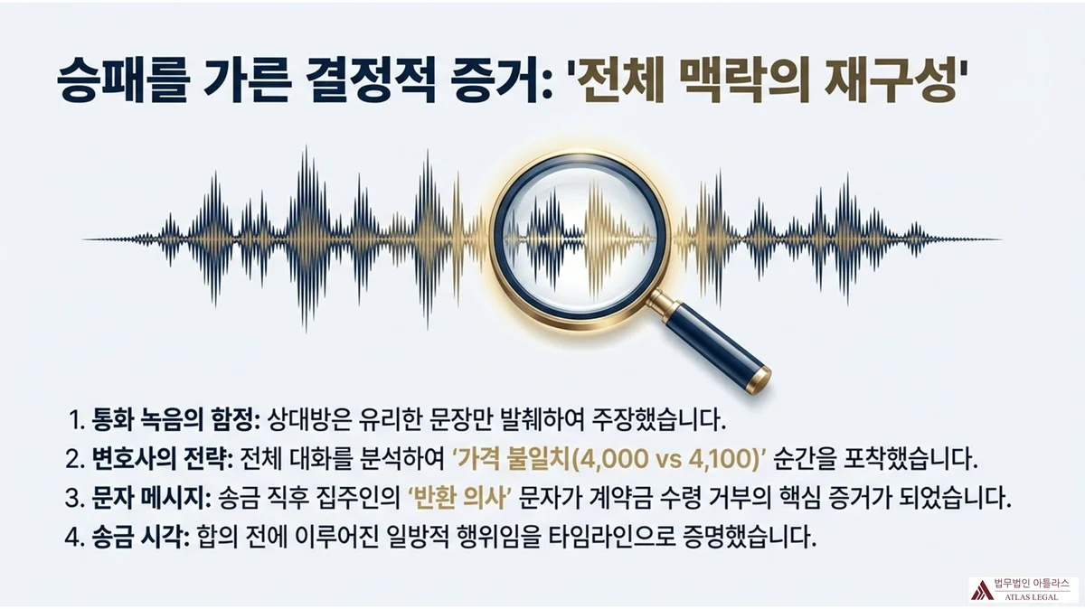 Atlas Legal - Key Evidence Strategy for Real Estate Contract Dispute in Korea 음파 파형 위에 돋보기가 놓인 이미지. 승패를 가른 결정적 증거 4가지: 통화 녹음의 함정, 변호사의 전략(가격 불일치 4,000 vs 4,100 포착), 문자 메시지(반환 의사가 계약금 수령 거부의 핵심 증거), 송금 시각(합의 전 일방적 행위를 타임라인으로 증명)