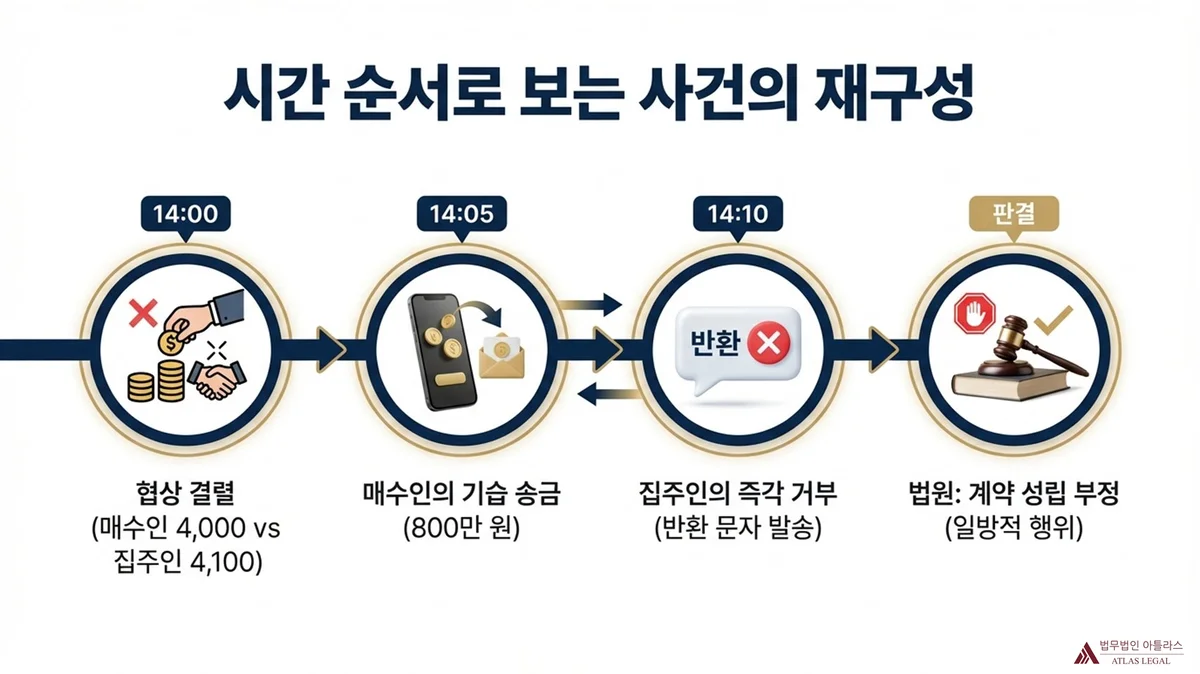 Atlas Legal - Timeline Reconstruction of Unilateral Transfer Case in Real Estate Dispute 시간 순서로 보는 사건의 재구성 타임라인 4단계. 14:00 협상 결렬(매수인 4,000 vs 집주인 4,100) → 14:05 매수인의 기습 송금(800만 원) → 14:10 집주인의 즉각 거부(반환 문자 발송) → 판결: 법원 계약 성립 부정(일방적 행위)
