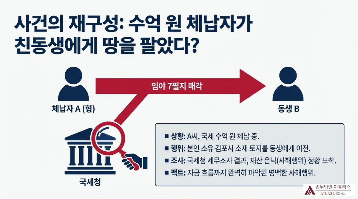 Atlas Legal - 국세 체납자 친동생 토지 매각 사해행위 사건 구성도 수억 원 국세 체납자 A(형)가 김포시 소재 임야 7필지를 동생 B에게 매각한 사해행위 사건 구성도, 국세청 세무조사 결과 재산 은닉 및 자금 흐름이 파악된 과정을 보여주는 인포그래픽