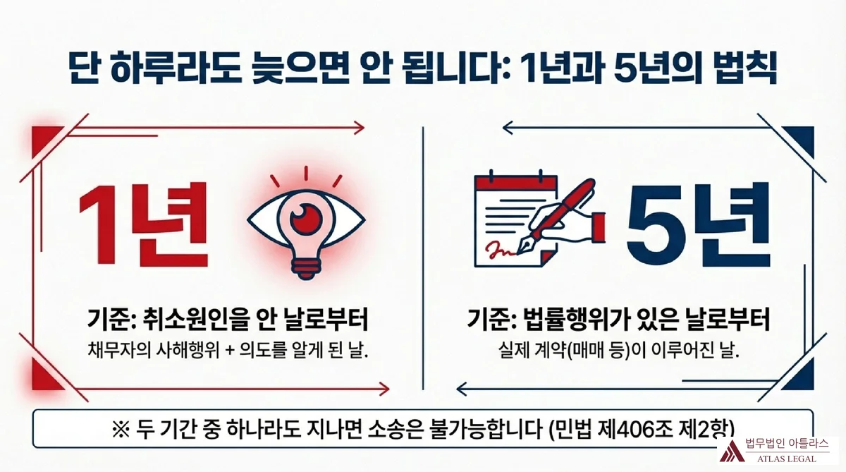 Atlas Legal - 사해행위취소소송 1년 5년 제척기간 비교 사해행위취소소송 제척기간의 1년과 5년 법칙을 비교한 인포그래픽, 1년은 취소원인을 안 날로부터 기산되고 5년은 법률행위가 있는 날로부터 기산되며 민법 제406조 제2항에 따라 둘 중 하나라도 지나면 소송이 불가능함을 안내