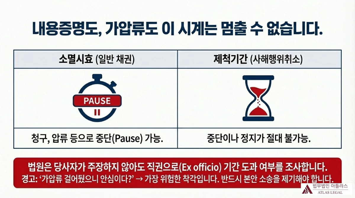 Atlas Legal - 소멸시효와 제척기간 차이 비교표 소멸시효(일반 채권)와 제척기간(사해행위취소)의 차이를 비교한 표, 소멸시효는 청구나 압류 등으로 중단 가능하지만 제척기간은 중단이나 정지가 절대 불가능하며 법원이 직권으로 도과 여부를 조사함을 경고하는 인포그래픽