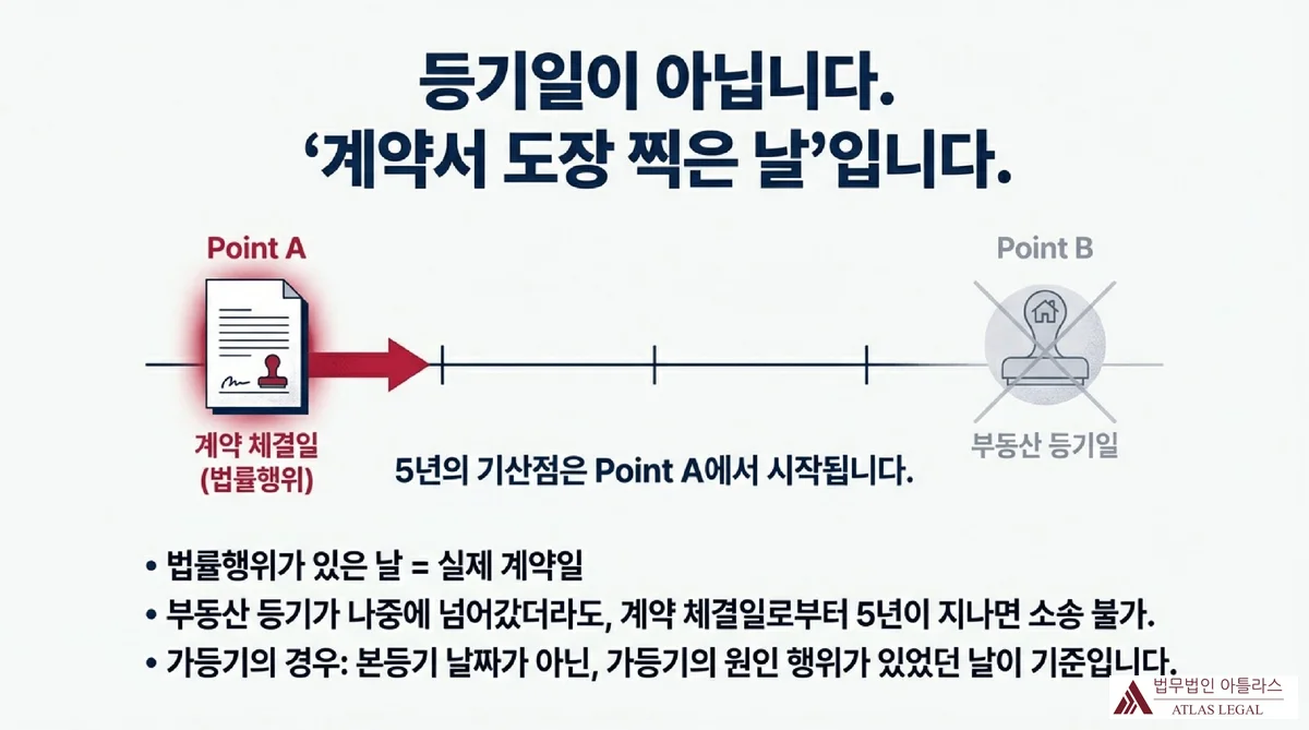 Atlas Legal - 사해행위취소소송 5년 제척기간 기산점 계약 체결일 사해행위취소소송 5년 제척기간의 기산점이 부동산 등기일이 아닌 계약 체결일(법률행위일)임을 타임라인으로 설명하는 인포그래픽, Point A(계약 체결일)에서 5년이 시작되며 가등기의 경우 원인 행위일이 기준임을 안내