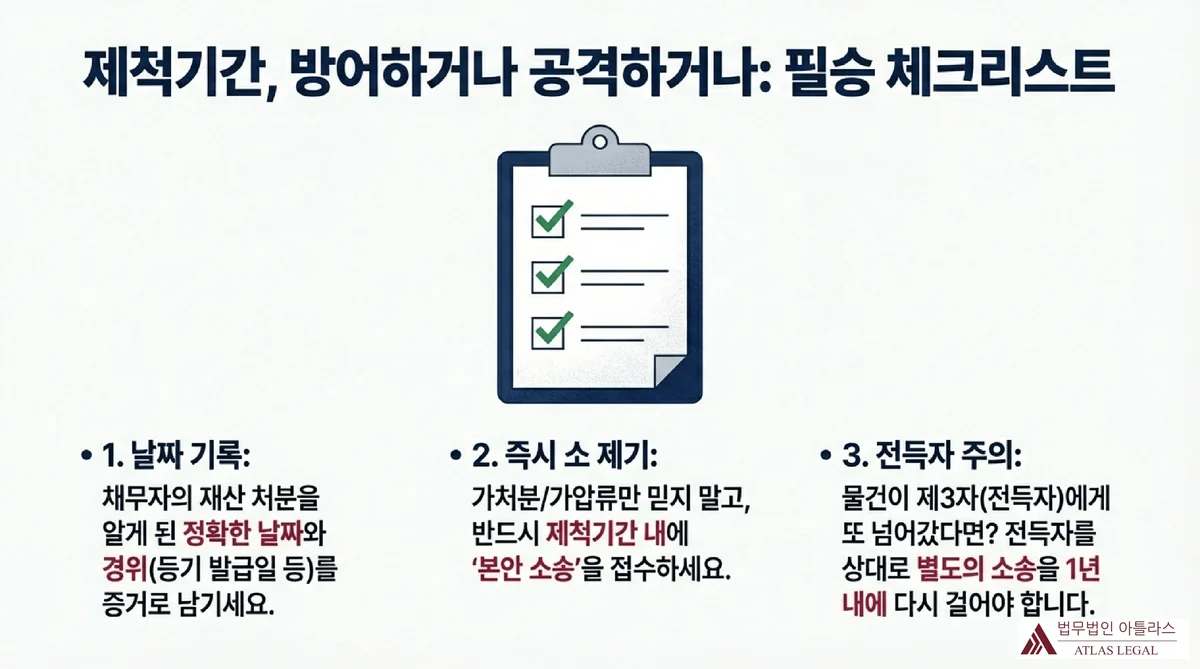 Atlas Legal - 사해행위취소소송 제척기간 필승 체크리스트 제척기간 대응을 위한 필승 체크리스트 3가지를 정리한 인포그래픽, 날짜 기록(재산 처분 인지 날짜와 경위 증거 보존), 즉시 소 제기(제척기간 내 본안 소송 접수), 전득자 주의(제3자 전득자에게 1년 내 별도 소송 제기) 안내