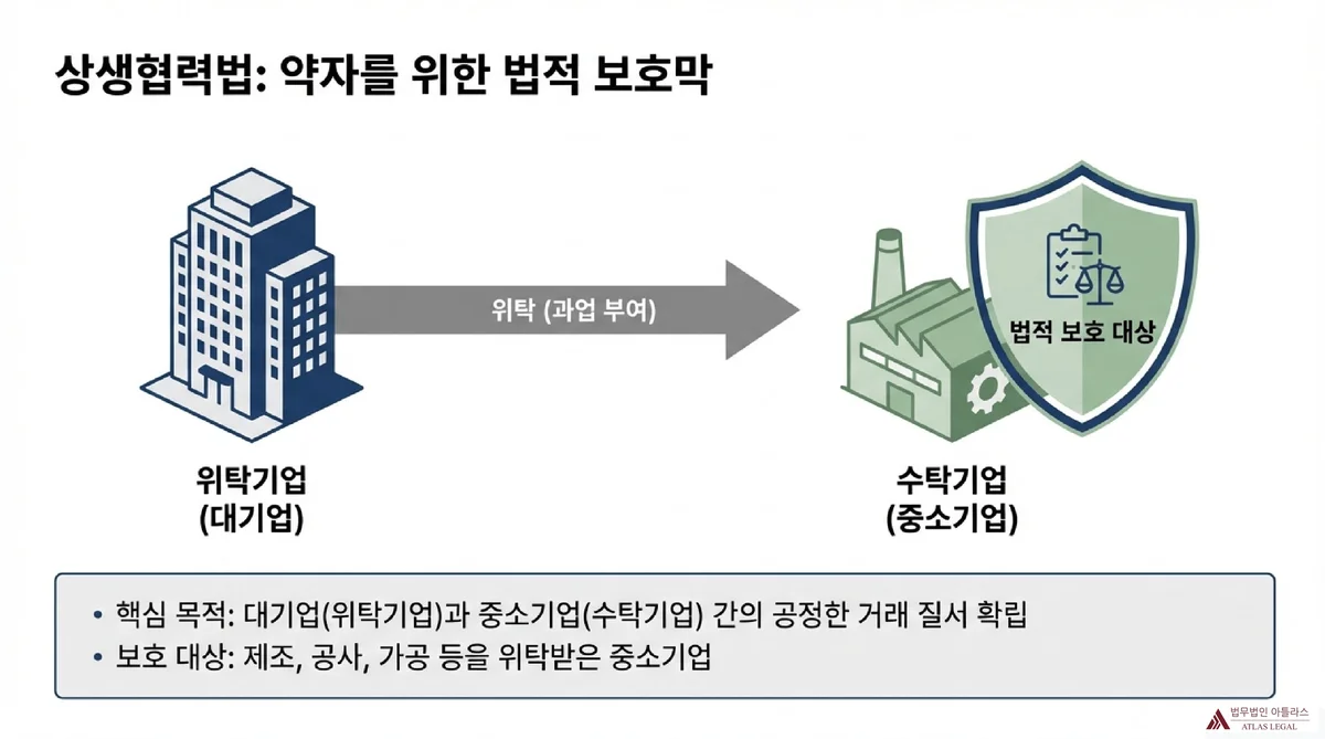 Atlas Legal - 상생협력법 법적 보호 구조 위탁기업(대기업) 건물에서 수탁기업(중소기업) 공장으로 과업이 부여되고, 수탁기업이 법적 보호 방패로 보호받는 상생협력법 구조 인포그래픽