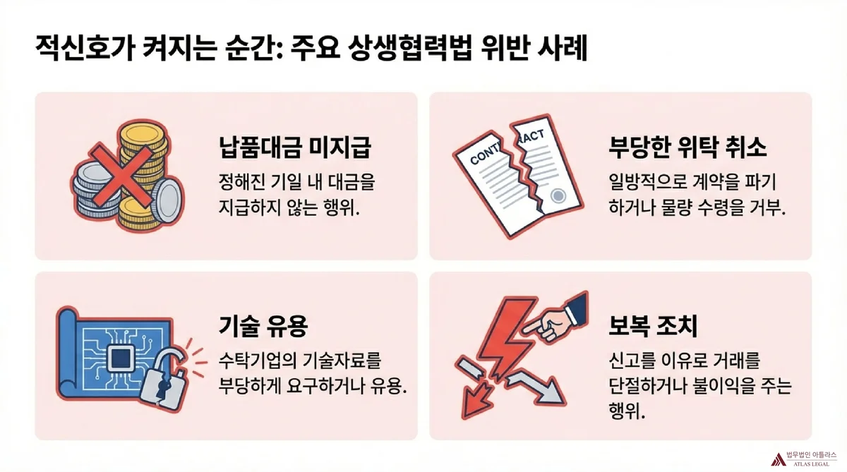 Atlas Legal - 상생협력법 주요 위반 사례 상생협력법 주요 위반 유형 4가지를 보여주는 인포그래픽: 납품대금 미지급, 부당한 위탁 취소, 기술 유용, 보복 조치