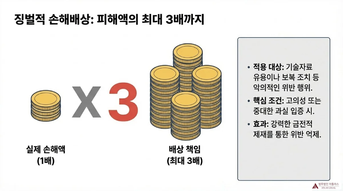 Atlas Legal - 징벌적 손해배상 제도 설명 실제 손해액 1배와 최대 3배 배상 책임을 동전 더미로 비교하고, 기술자료 유용과 보복 행위에 대한 적용 요건을 설명하는 징벌적 손해배상 인포그래픽