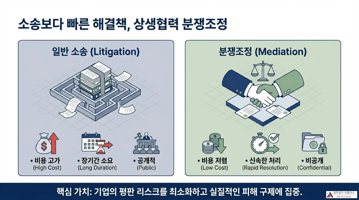 Atlas Legal - 소송 vs 분쟁조정 비교 일반 소송과 분쟁조정을 나란히 비교하는 인포그래픽: 소송은 비용 고가, 장기간 소요, 공개적 특성을, 분쟁조정은 비용 저렴, 신속한 처리, 비공개 특성을 보여주며, 기업의 평판 리스크 최소화 핵심 가치 강조