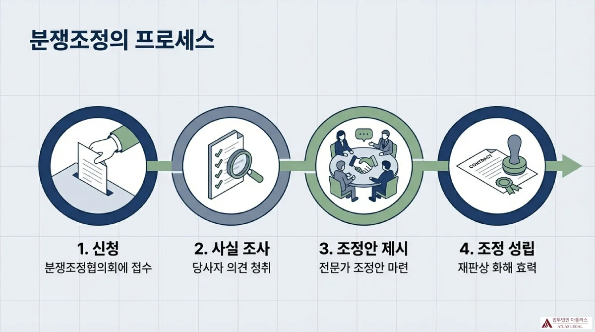 Atlas Legal - 분쟁조정 절차 단계별 안내 분쟁조정 4단계 프로세스 흐름도: 1단계 분쟁조정협의회 접수 신청, 2단계 당사자 의견 청취 사실 조사, 3단계 전문가 조정안 마련 조정안 제시, 4단계 재판상 화해 효력의 조정 성립