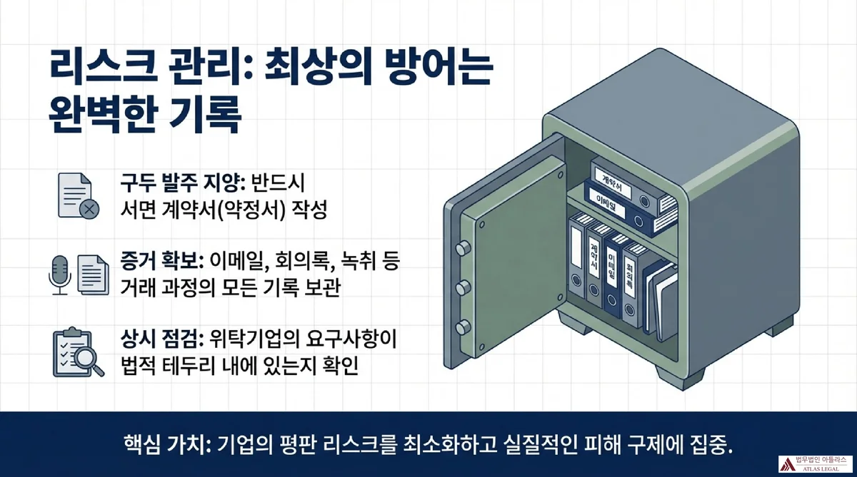 Atlas Legal - 수탁기업 리스크 관리 가이드 계약서, 이메일, 청구서, 통화 기록 등이 정리된 바인더가 담긴 금고와 함께 구두 발주 지양, 증거 확보, 상시 점검의 3가지 핵심 리스크 관리 실천 사항을 보여주는 인포그래픽