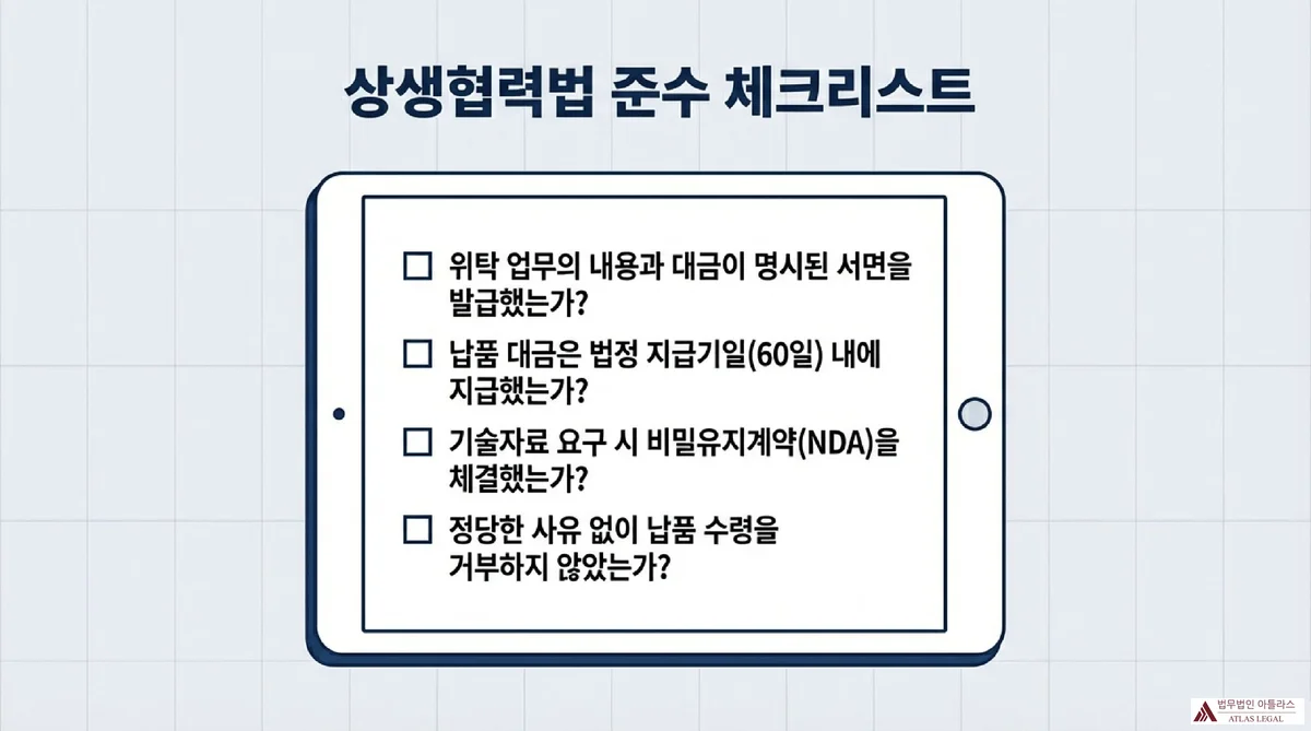 Atlas Legal - 상생협력법 준수 체크리스트 태블릿 화면에 표시된 상생협력법 준수 체크리스트: 위탁 업무와 대금이 명시된 서면 발급 여부, 법정 지급기일(60일) 내 납품 대금 지급 여부, NDA 체결 여부, 정당한 사유 없는 납품 수령 거부 여부 4가지 점검 항목