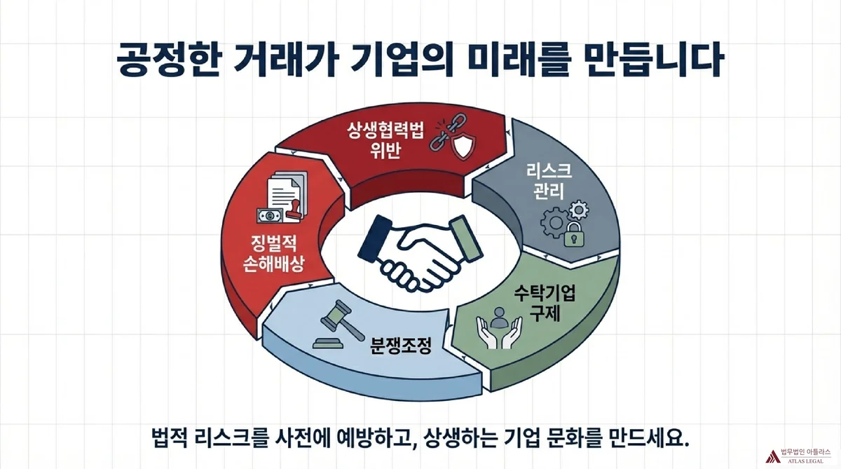 Atlas Legal - 상생협력법 종합 가이드 상생협력법 5대 핵심 주제를 요약하는 원형 다이어그램: 빨간색 위반 유형, 회색 리스크 관리, 녹색 수탁기업 구제, 파란색 분쟁조정, 진빨간색 징벌적 손해배상이 중앙 악수 아이콘으로 연결되며 공정한 거래 문화 구축 메시지 제시