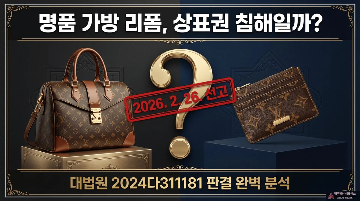 Atlas Legal - Luxury Bag Reform Trademark Infringement Supreme Court Case Analysis 명품 가방 리폼과 상표권 침해 여부를 묻는 타이틀 슬라이드, 루이비통 가방과 지갑 사이에 물음표가 배치되어 있으며 대법원 2024다311181 판결 완벽 분석이라는 문구와 2026년 2월 26일 선고 표시가 있다