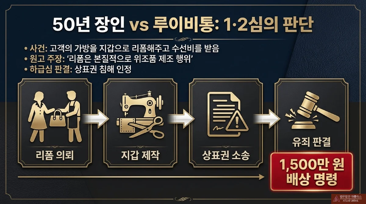 Atlas Legal - Louis Vuitton Reform Case Lower Court Timeline and Damages 50년 장인 vs 루이비통 1심과 2심의 판단을 보여주는 사건 흐름도, 리폼 의뢰부터 지갑 제작, 상표권 소송, 유죄 판결까지의 과정과 1500만 원 배상 명령이 표시되어 있다