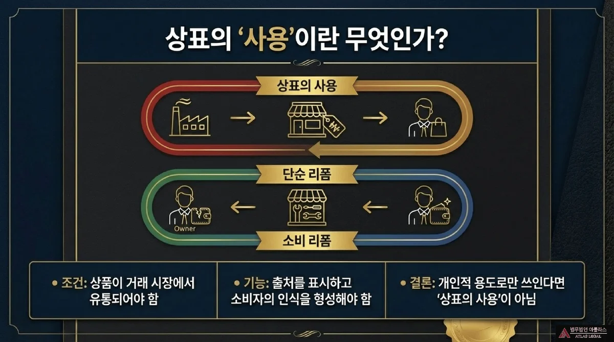 Atlas Legal - Definition of Trademark Use vs Simple Reform Flow Chart 상표의 사용이란 무엇인가 제목 아래 상표의 사용 경로와 단순 리폼 및 소비 리폼 경로를 비교하는 흐름도, 상품이 거래 시장에서 유통되어야 한다는 조건과 개인적 용도로만 쓰인다면 상표의 사용이 아니라는 결론이 표시되어 있다