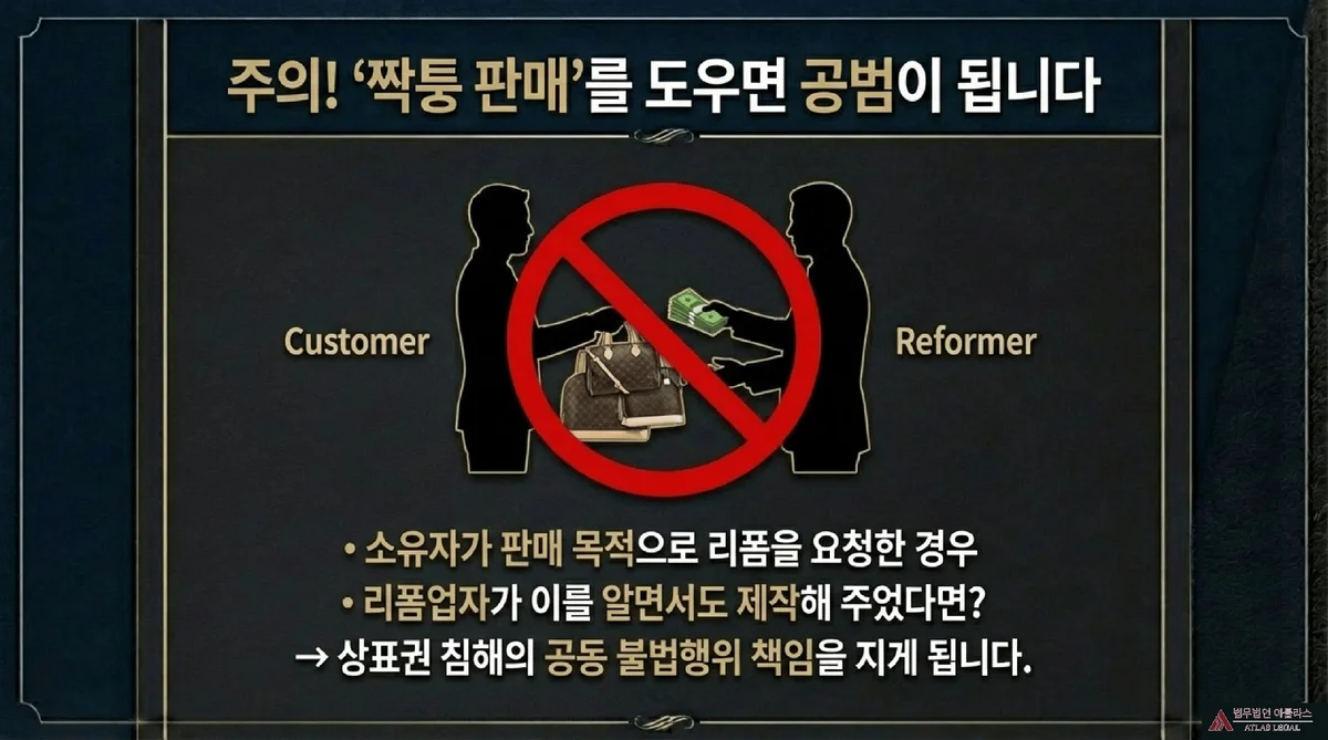 Atlas Legal - Warning Joint Liability for Counterfeit Sales Through Reform 주의 짝퉁 판매를 도우면 공범이 됩니다 제목과 함께 Customer와 Reformer 사이에서 명품 가방과 돈을 주고받는 거래에 빨간 금지 표시가 되어 있고, 소유자가 판매 목적으로 리폼을 요청한 경우 리폼업자가 이를 알면서도 제작해 주었다면 상표권 침해의 공동 불법행위 책임을 진다는 내용이 있다