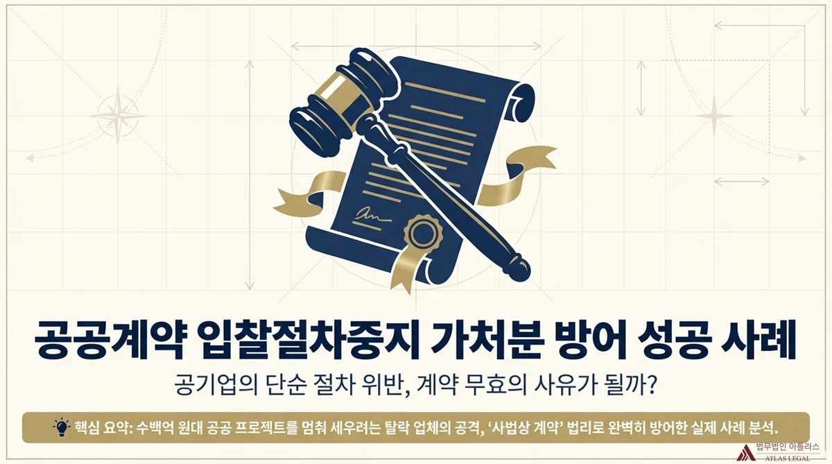 Atlas Legal - Public Procurement Injunction Defense Success Case 공공계약 입찰절차중지 가처분 방어 성공 사례: 망치와 계약서 일러스트, 공기업의 단순 절차 위반이 계약 무효 사유가 될까라는 핵심 요약 텍스트